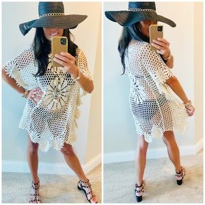 Beach Gypsy Ivory Floral Crochet Caftan Cover Up